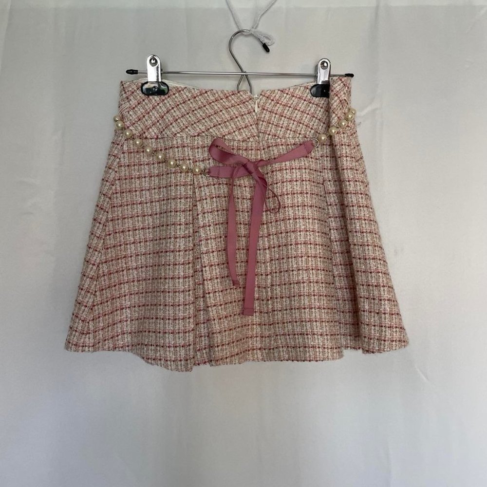 Monkey Wear Pink and green Mini Skirt with Pearls and Ribbon belt. Size 14